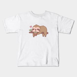 Cute Chilling Sloth Drinking Bubble Tea Kids T-Shirt